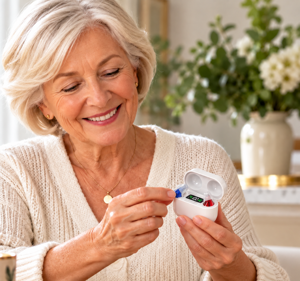 Older woman using the FlexiCare IE05 rechargeable sound amplifiers at home