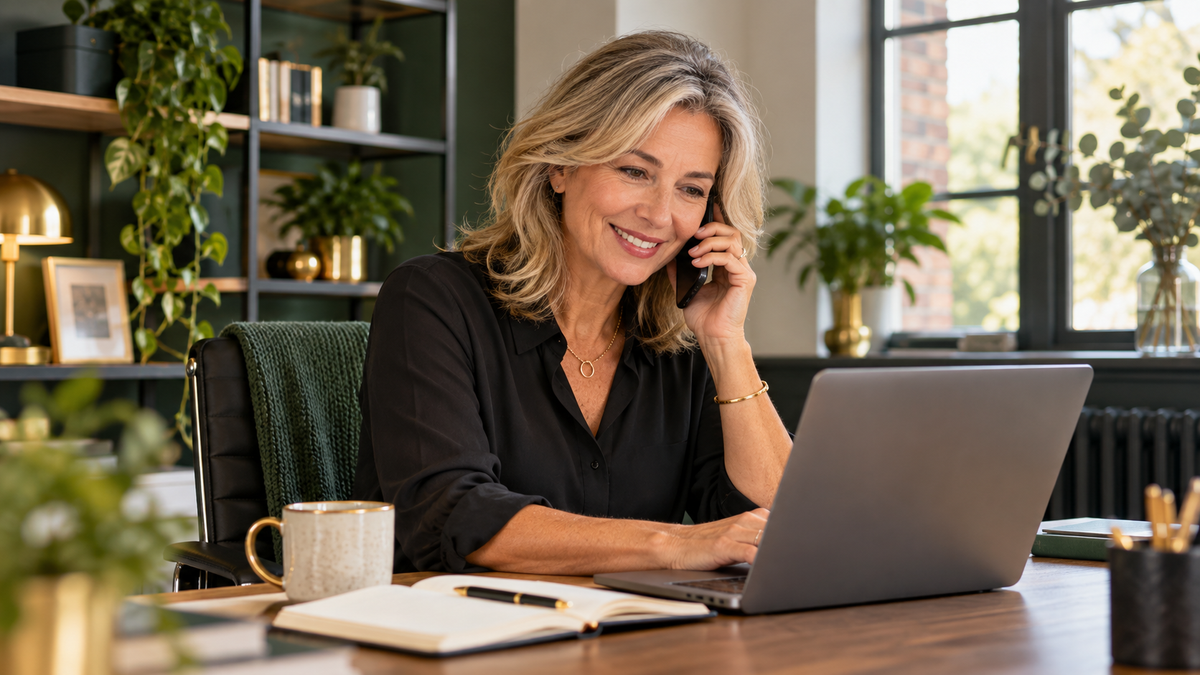 Older adult making a phone call from a warm home office