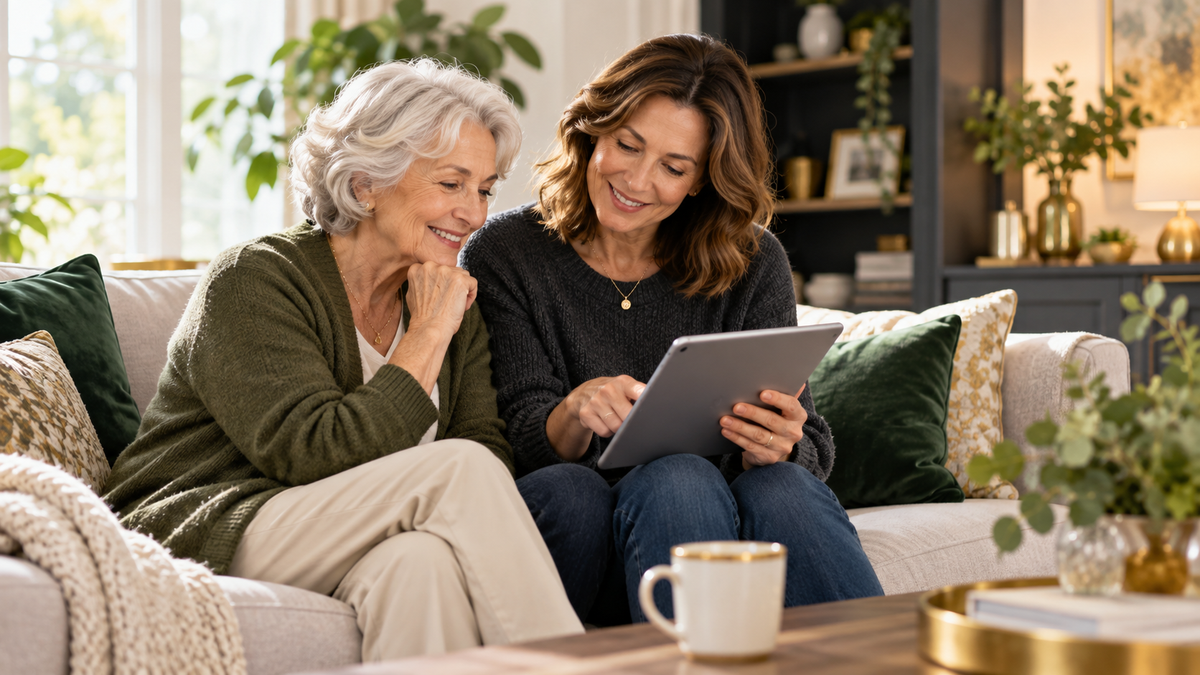 Older couple using a tablet together at home