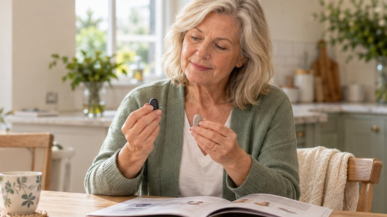 Older woman comparing two sound amplifier styles at home