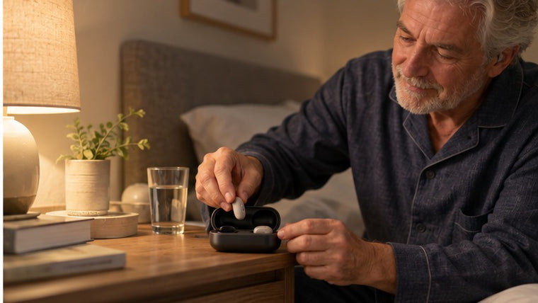 Older man placing a rechargeable sound amplifier into its charging case